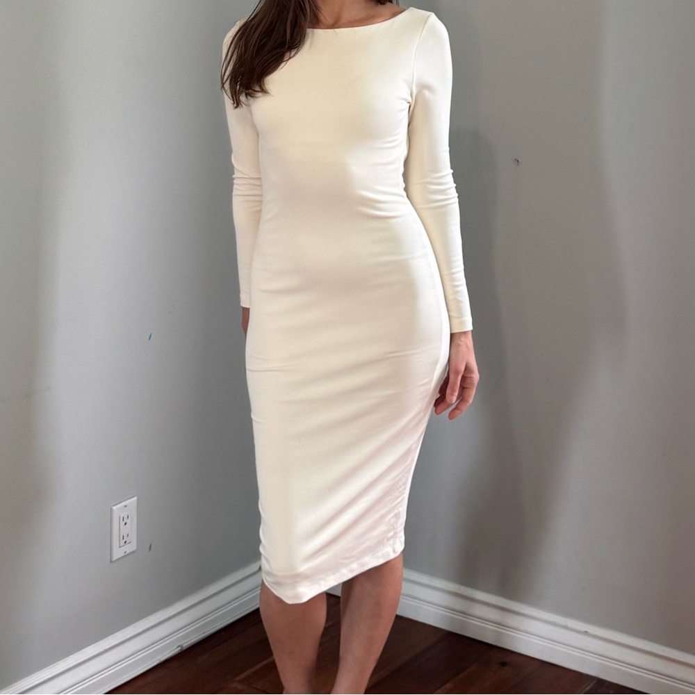 IAMNOTBASIC Midi, Long Sleeves, Deep V Back, Double Layer Modal, Ivory, Medium